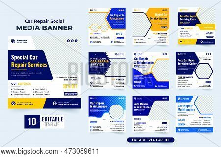 Vehicle Repair And Cleaning Service Promotional Poster Collection With Photo Placeholders. Car Maint