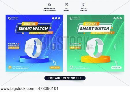 Modern Watch Business Promotional Web Banner Template With Creative Shapes. Smartwatch Advertisement