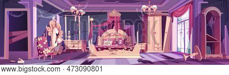 Abandoned Princess Bedroom Room Messy Interior Background. Cartoon Vector Pink Broken Furniture In P