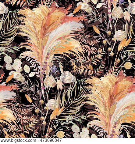 Seamless Pattern With Herbs And Pampas Grass And Dried Flowers Painted For Textile And Surfa