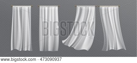 Realistic Set Of White Curtains Hanging Isolated On Transparent Background. Vector Illustration Of S