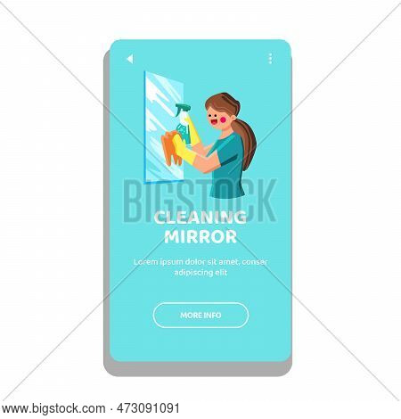 Clening Mirror Vector. House Service, Woman Household, Female Hygiene, Young Glass Clening Mirror We