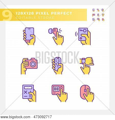 Yellow Hands Holding Electronic Gadgets Rgb Color Icons Set. Digital Equipment Usage. Technology For