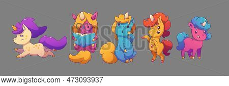 Vector Cute Rainbow Unicorn Illustration Design. Baby Pony Cartoon Fairy Animal Set. Isolated Magic 