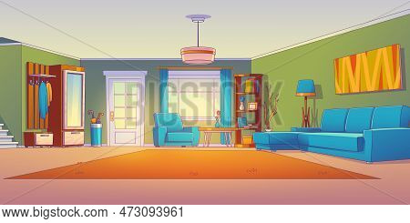 Living Room Vector Cartoon Home Interior Design. House Hallway With Stair To Second Floor. Indoor Mo