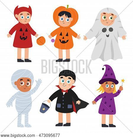 Cute Halloween Kids Set. Boys And Girls Wearing Devil, Witch, Pumpkin, Vampire And Mummy Costumes