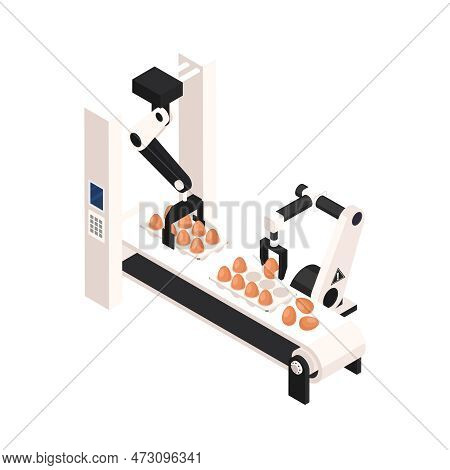 Smart Farm Isometric Icon With Automatic Conveyor Line And Robotics Arms Packing Eggs 3d Vector Illu