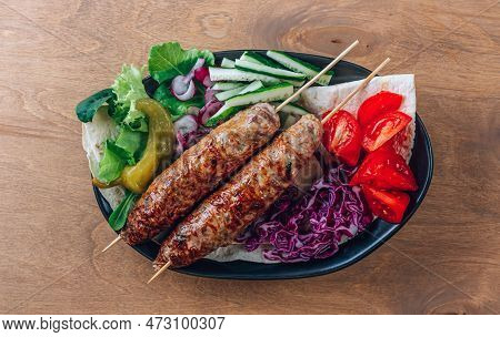 Kebab Plate With Vegetable And Pita. Traditional Middle Eastern, Arabic Or Mediterranean Cuisine. He