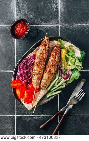 Kebab Plate With Vegetable And Pita. Traditional Middle Eastern, Arabic Or Mediterranean Cuisine. He