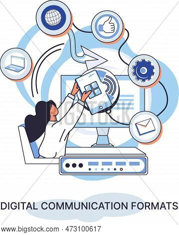 Digital Communication Formats Metaphor, Content Online Data And Social Media Streaming. Abstract Mod