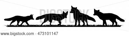Flock Of Foxes On Grass. Animal Silhouette. Wild Life Picture. Isolated On White Background. Vector.