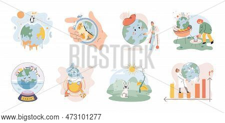 Global Warming Concepts Set. Long-term Increase In Average Temperature Of Earths Climate System. Env