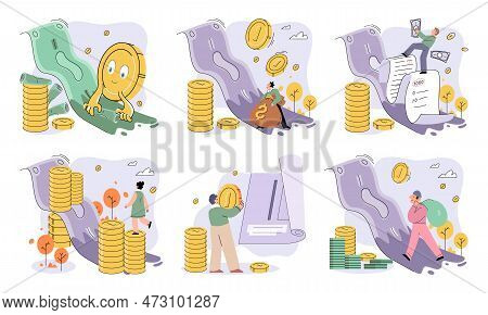 Golden Coins Pile, Magnet And Money. Financial Literacy Metaphor For Passive Income Vector Set. Rent