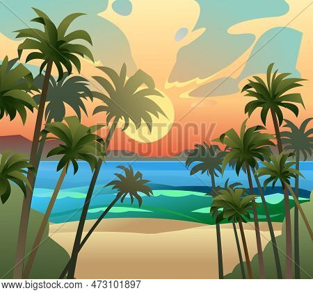 Landscape Seashore. Sand Beach Near Water. Coastal Waves. Thickets Of Mature Palms. Cartoon Fun Styl