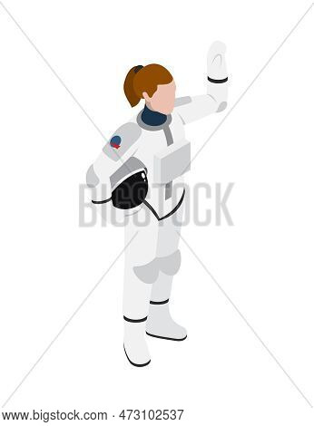 Isometric Female Astronaut In Spacesuit Waving Hand 3d Vector Illustration