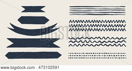 Retro Flag And Ribbon Banners. Hand Drawn Vintage Textured Badges, Banner, Ribbon, Flag, And Other D