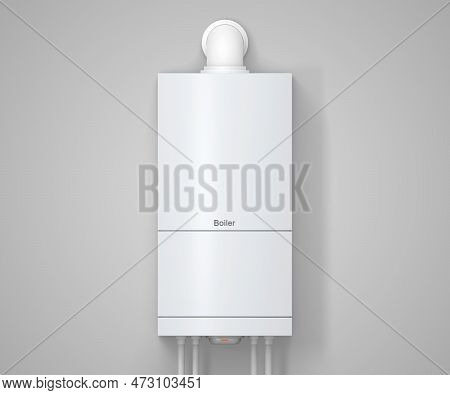 Boiler 3d Render. Electric, Gas Or Combi Water Heater With Pipes On Grey Wall Background. Home Bathr