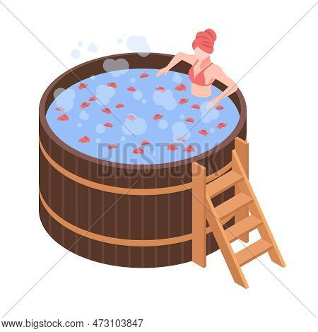 Isometric Woman Relaxing In Hot Japanese Bath 3d Vector Illustration