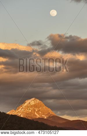 Snowy Mountain Landscape Under The Moon. Riano, Castilla Leon. Spain