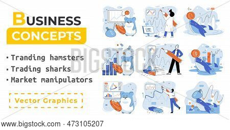 Stock Market Manipulation Concepts Set, Change Business Graph Indicator, Influence Crypto Currency P