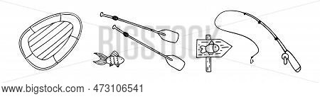 Vector Doodle Set With Fishing Elements. Fishing Rod, Rubber Boat And Fishing Sign Post. Outline.