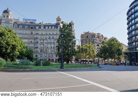 Barcelona, Spain - August 2022: Plaza Francesc Macià A Square In Barcelona, Catalonia, Spain.