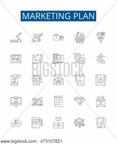Marketing Plan Line Icons Signs Set. Design Collection Of Campaign, Strategy, Objectives, Target, An
