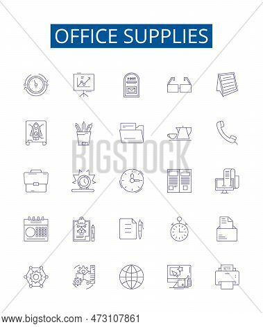 Office Supplies Line Icons Signs Set. Design Collection Of Stationery, Pens, Envelopes, Paper, Notep