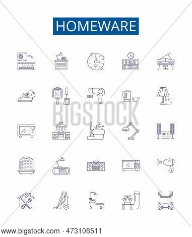Homeware Line Icons Signs Set. Design Collection Of Furniture, Kitchenware, Tableware, Lighting, Bed