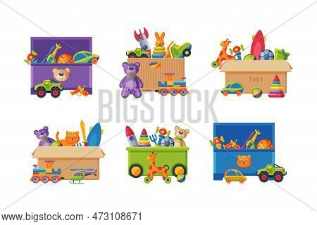 Kids Toy Box With Different Bright Plaything Vector Set