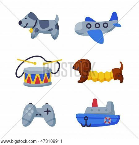 Different Colorful Kids Toy From Nursery Vector Set