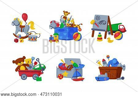 Different Colorful Kids Toy From Nursery Vector Set