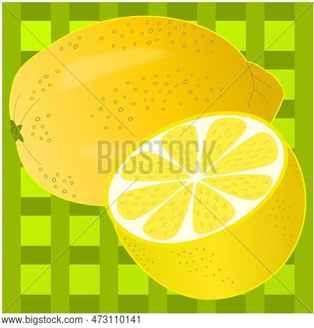 A Whole Lemon And A Cut Half Of A Lemon On A Green Striped Background