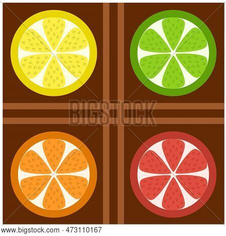 Four Symbolic Wheels On A Brown Background, Lemon, Lime, Orange And Grapefruit