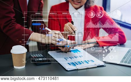 Businessman Hand Project Manager Working And Update Tasks And Gantt Chart Scheduling Virtual Diagram