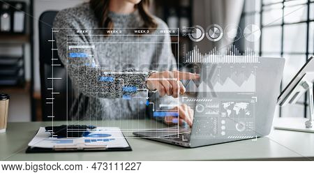 Businesswoman Project Manager Working And Update Tasks And Gantt Chart Scheduling Virtual Diagram.wi