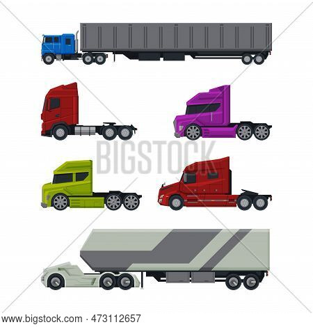 Cargo Tractor Trailer Truck As Heavy-duty Towing Engine Side View Vector Set