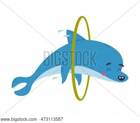 Cute Dolphin Jumping Through Hoop. Funny Dolphinfish Performing In Dolphinarium Cartoon Vector Illus