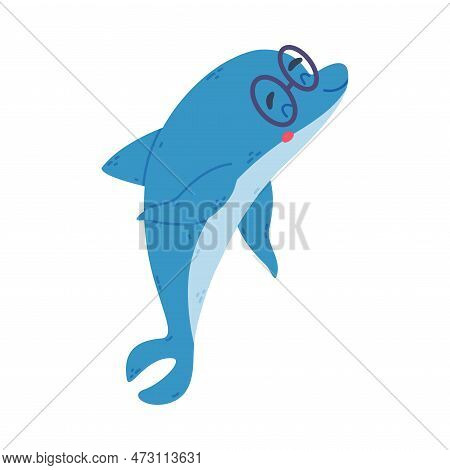 Cute Smart Dolphin In Glasses. Funny Dolphinfish Character Cartoon Vector Illustration