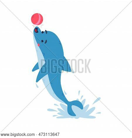 Cute Dolphin Playing Red Ball. Funny Dolphinfish Performing In Dolphinarium Cartoon Vector Illustrat