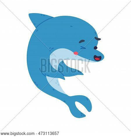 Cute Blue Dolphin. Funny Friendly Dolphinfish Character Cartoon Vector Illustration
