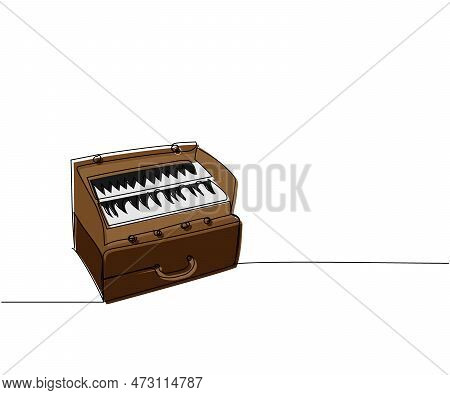 Harmonium One Line Color Art. Continuous Line Drawing Of Harmonium, Indian, Music, India, Sitar, Cla