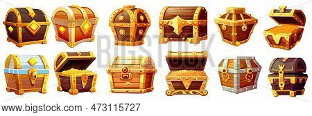 Set Vector Illustration Of Ui Treasure Chest With Gold Precious Stone Isolated On White Background