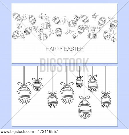 Easter Eggs Composition Hand Drawn Black On White Background. Decorative Banner From Easter Eggs Wit