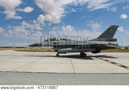 Konya, Turkiye - June 30, 2022: Jordan Air Force General Dynamics F-16bm Fighting Falcon (6e-18) Tax