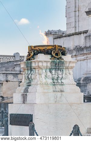 Rome, Italy - December 7, 2022: Detail Of Flame At The Tomb Of The Unknown Soldier (italian: Tomba D