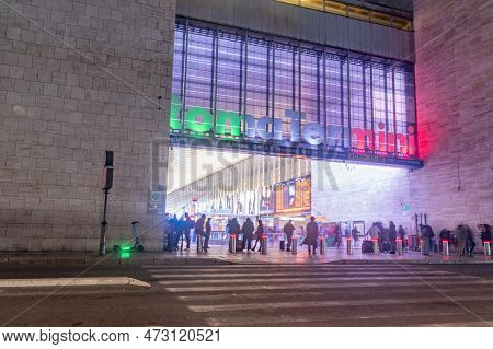 Rome, Italy - December 7, 2022: Entrance To Train Station Roma Termini At Night. Termini Is Also The
