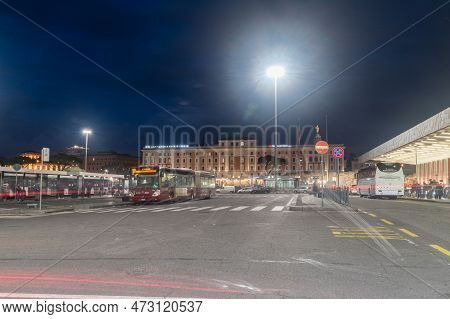 Rome, Italy - December 7, 2022: Bus Terminal Of Roma Termini At Night. Termini Is Also The Main Hub 