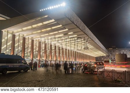 Rome, Italy - December 7, 2022: Roma Termini Railway Station At Night.