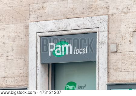 Rome, Italy - December 8, 2022: Logo Of Pam Local Supermarket.